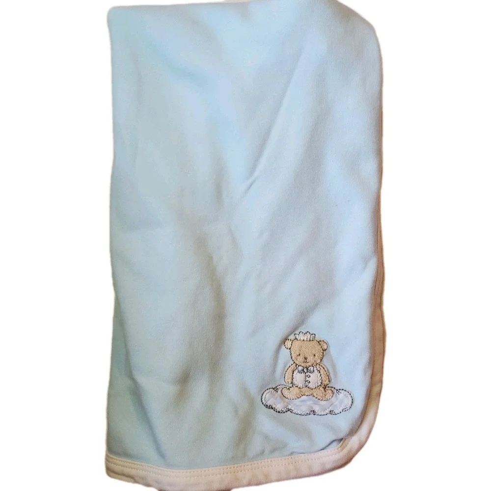 LITTLE ME Blue‎ Bear Baby Blanket White Stripes Cotton Boy Crown Cloud 25x30